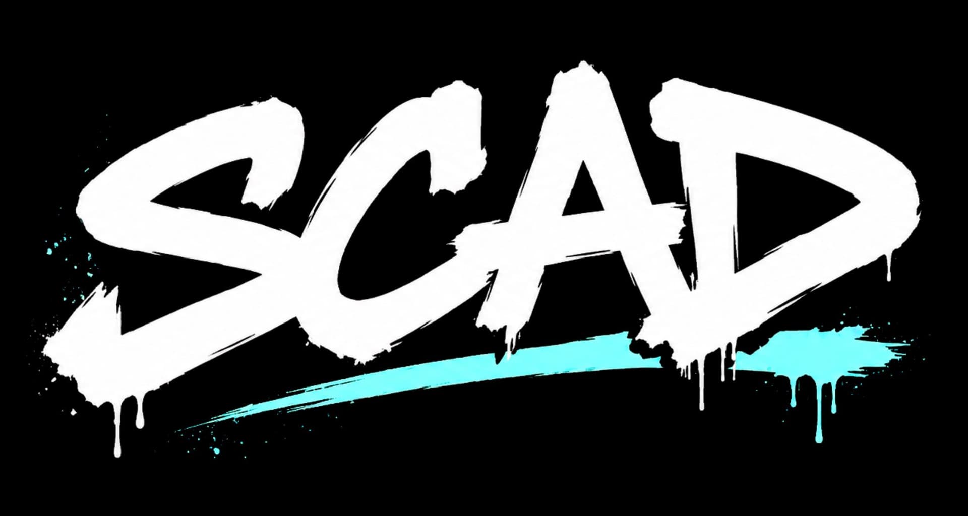 SCAD painted wordmark in white on black with a cyan underline