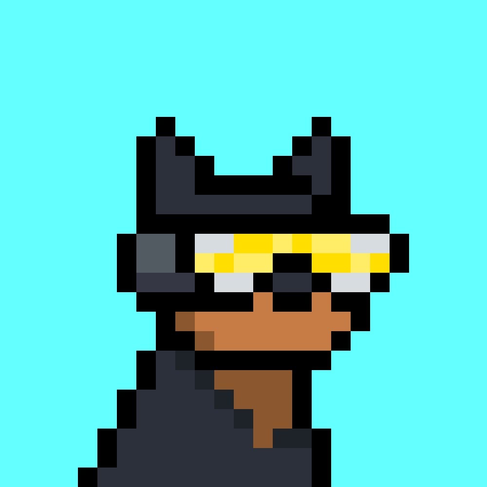 Pixel portrait of ScadMeta (@ScadMeta): a Doginal Dogs-style character in a black hat and yellow glasses on a cyan background
